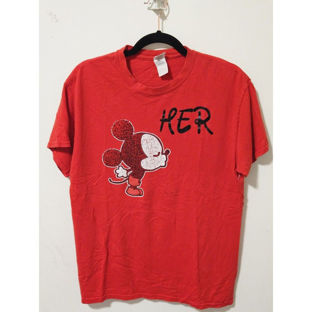 Disney Mickey Mouse Her Graphic Tee Red Distressed Print Gildan Blank Womens M